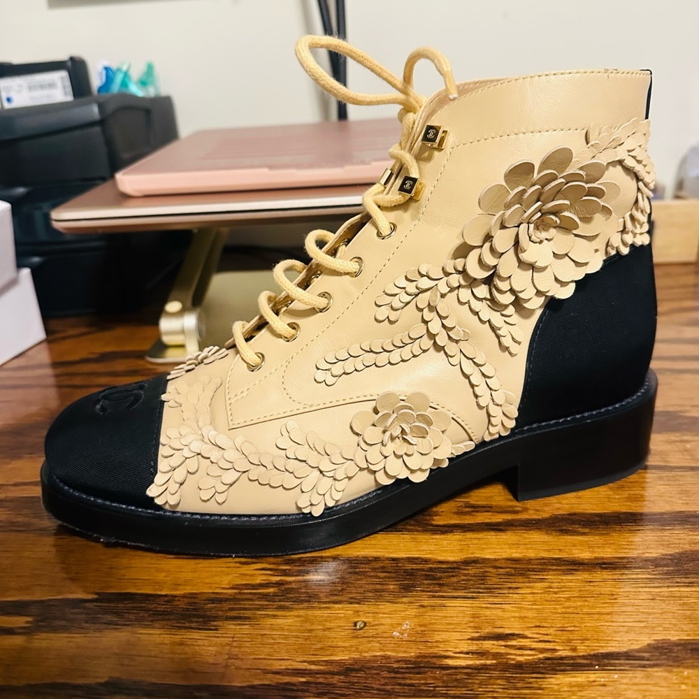 CHANEL Black and Tan Lace Up Boots